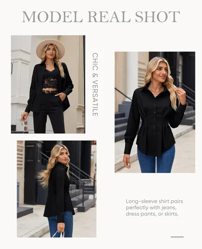 Vista 6 de siliteelon Camisas con botones para mujer, cintura ceñida, camisa de vestir de algodón de manga larga para negocios, casual, trabajo, oficina