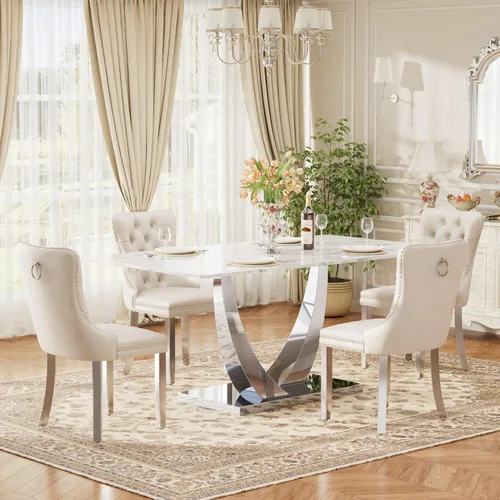 Vista 44 de Juego de mesa de comedor de cristal moderno de mediados de siglo para 4, 63 pulgadas, juego de comedor rectangular grande de lujo con parte superior