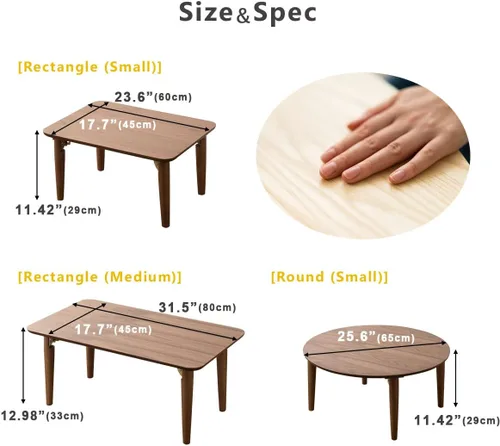 Vista 2 de EMOOR Mesa auxiliar plegable de madera rectangular mediana (17.7 x 31.5 pulgadas), gris claro, mesa baja para sentarse en el suelo, espacio pequeño
