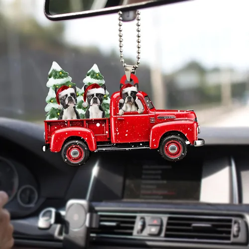Vista 6 de Talataca Boston Terrier con camión rojo de Navidad, árbol de pino, regalo 2D plano para espejo retrovisor, accesorios para el árbol de Navidad
