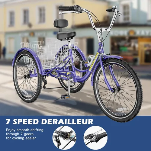 Vista 2 de Barbella Triciclos para adultos, 7 velocidades para adultos, bicicletas de 3 ruedas de 20/24/26 pulgadas, bicicleta de crucero con cesta