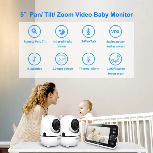 Vista 2 de HelloBaby - Monitor de bebé de 5 pulgadas con batería de 26 horas, 2 cámaras con zoom, inclinación y panorámica, monitor de video y audio con rango