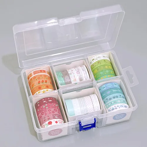 Vista 4 de Caja de almacenamiento de cinta Washi, caja de plástico con 6 compartimentos y ranuras de rejilla para joyería, herramienta de cuentas para cinta