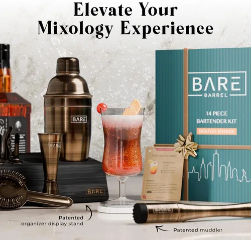 Vista 8 de Mixology Bartender Kit Bar Set Juego de coctelera de 14 piezas Herramientas de mezcla de Martini Barware para el hogar Incluye 35 tarjetas