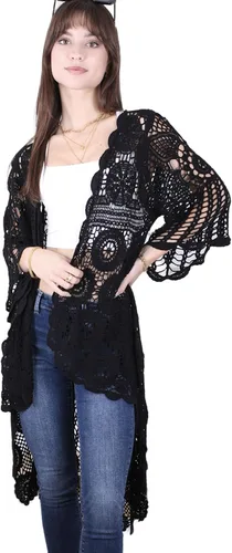Vista 5 de Anna-Kaci Chaleco largo de ganchillo para mujer, estilo bohemio, manga corta, kimono, cárdigan, salida de baño
