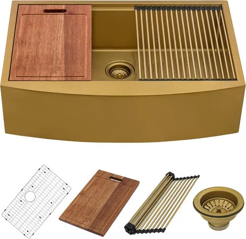 Vista 3 de Ruvati RVH9106GG RVH9106GG - Fregadero de cocina con estación de trabajo de oro mate de 30 pulgadas, fregadero de cocina de acero inoxidable en tono