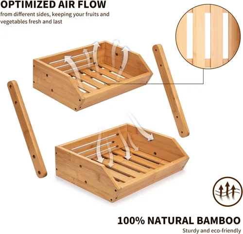 Vista 5 de Cesta de frutas de 2 niveles para cocina, soporte de bambú para almacenamiento de frutas y verduras para encimera de cocina, cesta de productos