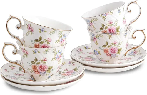 Vista 8 de Agyiuns tazas y platillos de cerámica para café, 6oz, taza de café para café, latte, café moca y té - Juego de 4 (Flores grandes - Juego de 4)