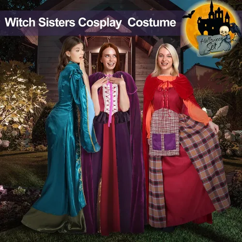 Vista 3 de Disfraz de Halloween de 2 piezas para mujer, vestido de bruja y capa de terciopelo para hermanas de bruja para fiesta