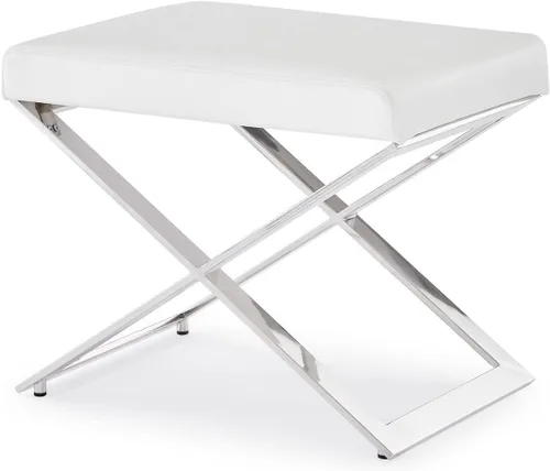 Vista 5 de ZURI Modern Fenix otomana - Cuero sintético blanco con base de acero inoxidable pulido