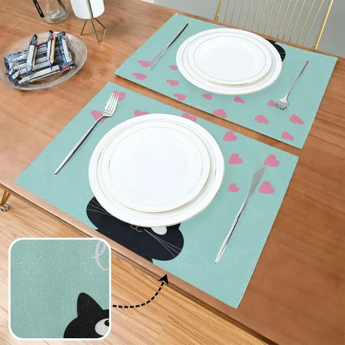 Vista 4 de Juego de 6 manteles individuales con diseño de gato negro y corazones rosados, lavables para cocina, mesa de comedor, resistentes al calor, manteles