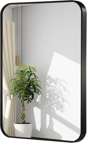 Vista 13 de Espejo de baño de níquel cepillado de 16 x 24 pulgadas, espejo rectangular enmarcado con esquina redondeada, espejo cepillado, espejo de baño
