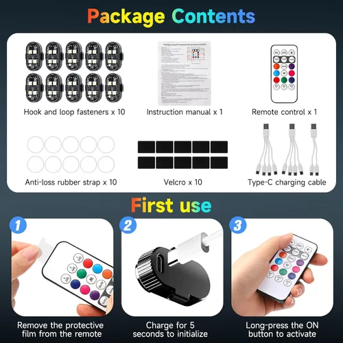 Vista 7 de 10 luces estroboscópicas LED inalámbricas de 4 LED con control remoto, 8 colores de alto brillo USB-C, recargable, impermeable, anticolisión, luces