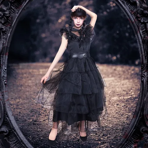 Vista 3 de Pigmiss Wednesday Addams - Vestido de disfraz para niñas con peluca Addams, cosa familiar, mano, Halloween, disfraz de cosplay para niños