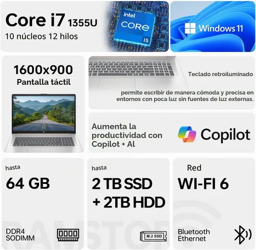 Vista 2 de HP Essential 17t, laptop de negocios, pantalla táctil HD+ de 17.3", Intel Core i7-1355U, 16 GB RAM, 1 TB SSD, cámara web, HDMI, teclado