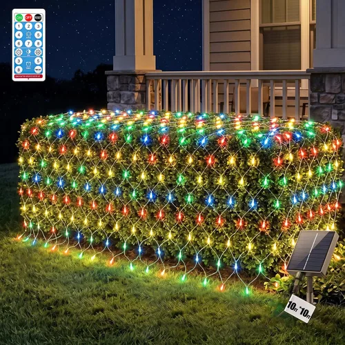 Vista 13 de LitHome Red solar de 11.5 x 5 pies, impermeable, 240 luces LED solares y USB, control remoto, 8 modos de luz de malla para arbustos, jardín, césped