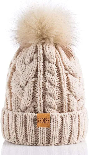 Vista 23 de Redess Gorro de invierno con pompón y forro polar cálido, grueso y holgado, tejido, para la nieve, para esquiar, para mujer Beige
