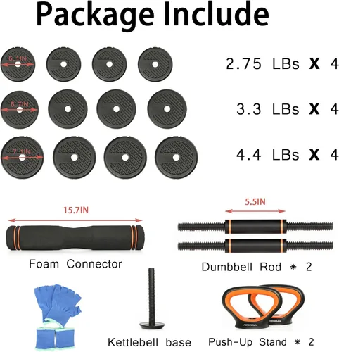 Vista 2 de Juego de mancuernas ajustables 4 en 1 para gimnasio en casa, juego de mancuernas de peso libre de 44 libras con conector utilizado como soporte