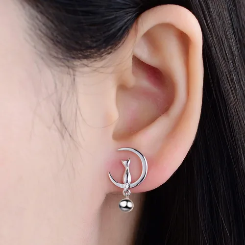 Vista 2 de Aretes de plata de ley 925 con forma de campana de gato y luna para mujeres adolescentes 5 estilos no alérgicos regalo de joyería fina