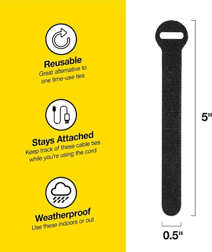 Vista 3 de Bridas de cable autoadheribles de Wrap-It Storage, negras, correas de 12.7 cm (paquete de 50) – Bridas de cable reutilizables con gancho y bucle