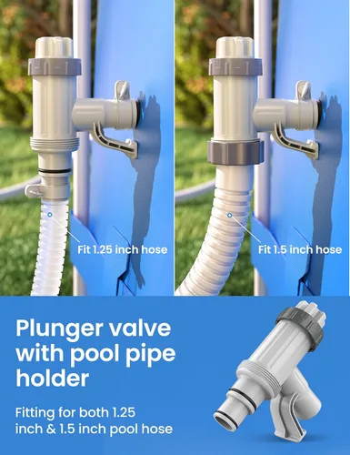 Vista 6 de Válvula de émbolo [patentada] Deeroll con soporte de tubería para piscinas sobre el suelo 2-in-1 Valve and Holder, Fits 1.25 and 1.5 Inch Hoses