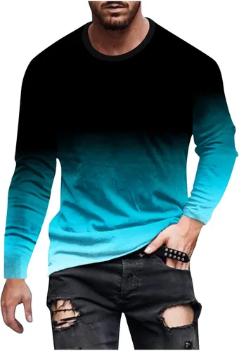 Vista 8 de Camisas para hombre, estilo casual, elegante, manga larga, color degradado, cuello redondo, sudaderas grandes y altas para entrenamiento de gimnasio