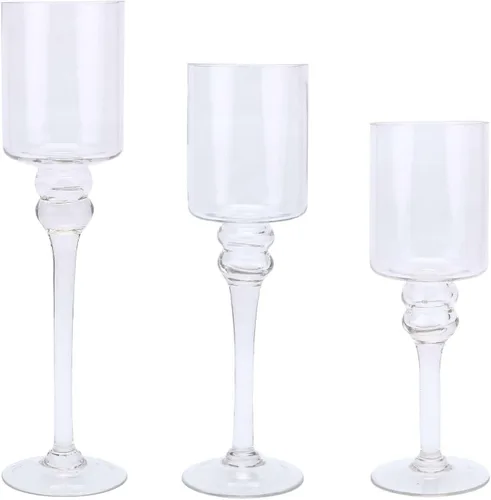 Vista 7 de Efavormart - Juego de 3 portavelas de mesa cilíndricos de cristal de tallo largo transparente