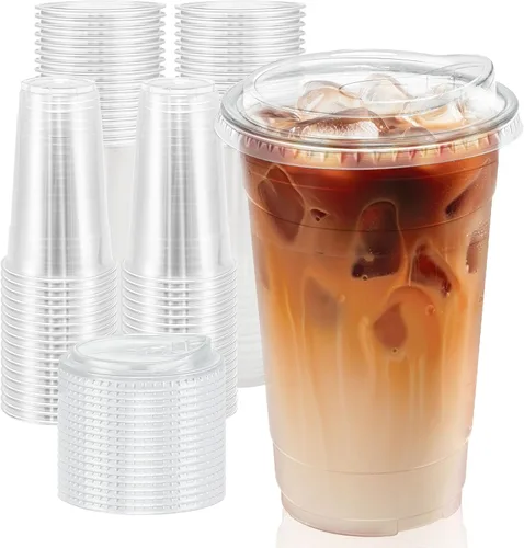 Vista 8 de Clawsoff Paquete de 100 vasos de plástico transparente de 20 onzas con tapas, tazas de café helado resistentes con tapas para sorbos, vasos
