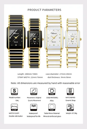 Vista 6 de Gosasa Relojes vintage para parejas hombres y mujeres, reloj de cuarzo a juego cuadrado de cerámica para él y para ella, conjunto de relojes de par
