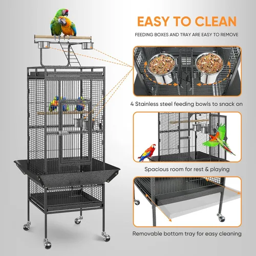 Vista 5 de SUPER DEAL PRO Jaula Grande para Pájaros 2 en 1 de 61 pulgadas con Soporte Rodante Playtop Loro Chinchilla Pinzón Guacamayo Conure Cacatúa Cockatoo