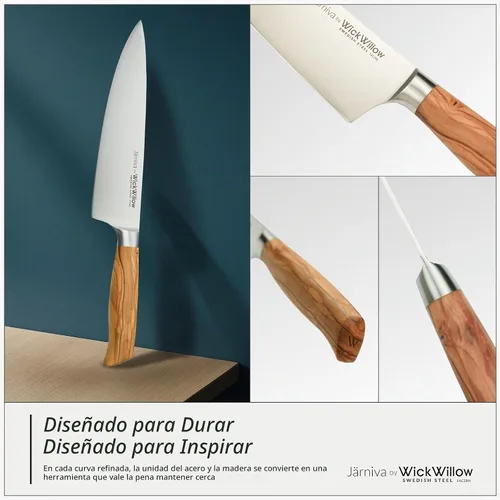 Vista 5 de WICKWILLOW - Cuchillo de chef de 8 pulgadas – Cuchillo de cocina de acero sueco ultra afilado con mango de madera de olivo italiano – Cuchillo