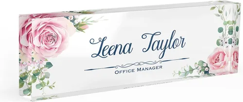 Vista 5 de Placa de nombre para escritorio de oficina, placa de escritorio personalizada, placa de oficina, flor, oficina, accesorios de escritorio, placa