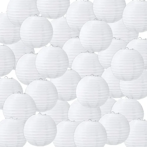 Vista 12 de Treela Faroles de papel japoneses chinos blancos decorativos colgantes redondos de papel para decoración de bodas, fiestas de cumpleaños