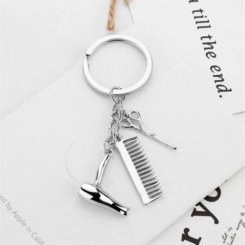 Vista 3 de Wixine 2 unids peluquero secador de pelo tijera peine llavero creativo llavero joyería regalos, Blanco,Oro