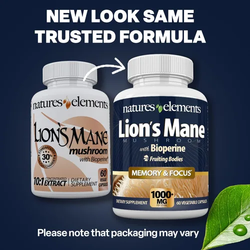 Vista 2 de Natures Elements Hongo melena de león con BioPerine – Extracto 10:1 – 1000 mg melena de león + 10 mg de bioperina – 30% polisacáridos – 60 cápsulas