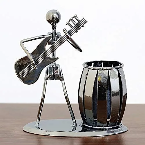 Vista 6 de Armear Portalápices de guitarra, soporte decorativo de metal para bolígrafos de escritorio con diseño de balancín y guitarra, organizador