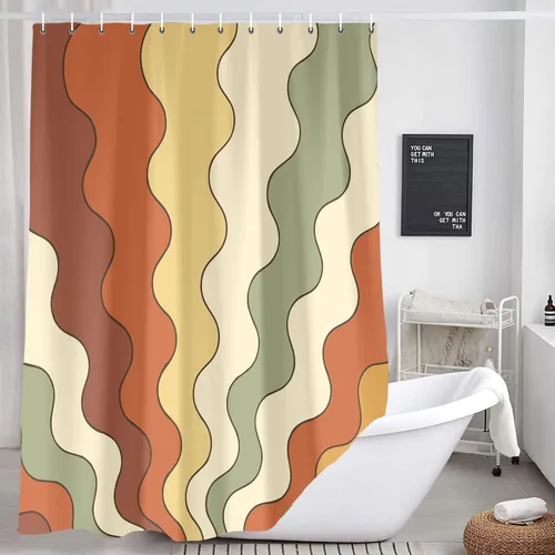 Vista 12 de Neutral Muted Earth Tone Wavy Shower Curtain Mid Century Modern Sage Taupe Blush Abstract Boho Bathroom Curtain Set with Hooks 36x72 Inch