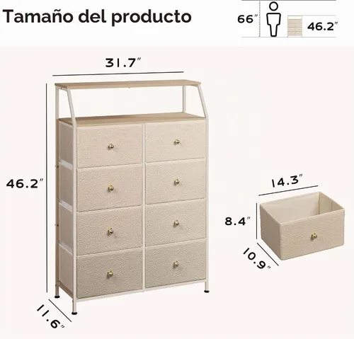 Vista 3 de WLIVE Torre de almacenamiento de tocador de 8 cajones de tela beige Bouclé para dormitorio