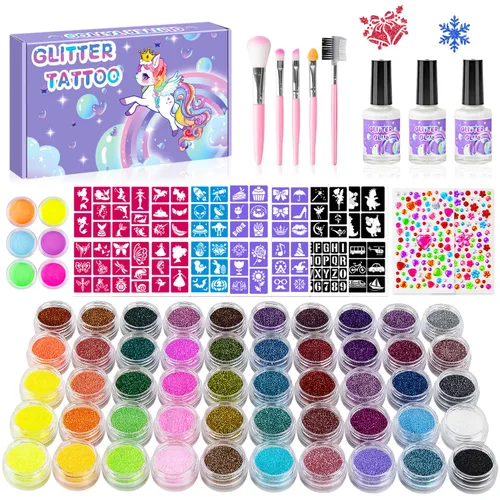 Vista 9 de Kit de tatuajes temporales con purpurina para niños, 48 colores de purpurina, 178 plantillas, 4 pegamento, 5 pinceles, kit de purpurina para adultos