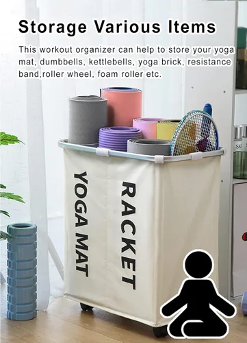 Vista 3 de C'ESTBON Cesta de almacenamiento de esterilla de yoga de calidad bien hecha, organizador de equipos de fitness multiusos, movible 4 ruedas fuertes