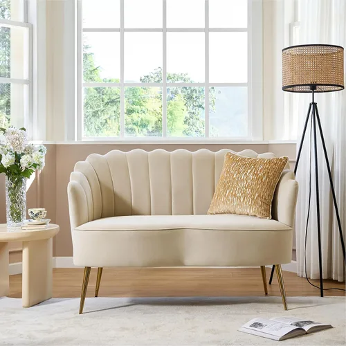 Vista 19 de HULALA HOME Silla decorativa moderna de terciopelo con respaldo en forma de concha, bonito sillón para sala de estar, dormitorio con patas doradas