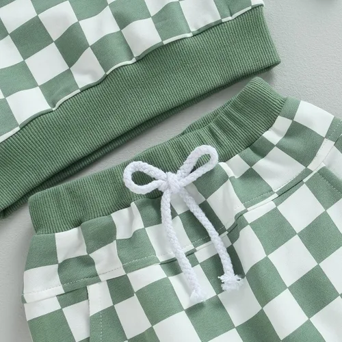 Vista 6 de Karuedoo Conjunto de ropa de otoño e invierno para bebé niño y niña, sudadera de manga larga a cuadros
