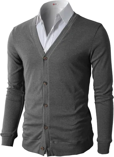 Vista 15 de H2H Cárdigans casuales ajustados para hombre, cuello en V, diseño básico, manga larga, con botones Gris