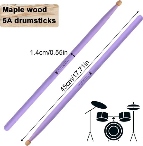 Vista 2 de WANDIC Baquetas, 1 par de palos de instrumentos de percusión morados, clásicos, ligeros, de madera de arce para adultos