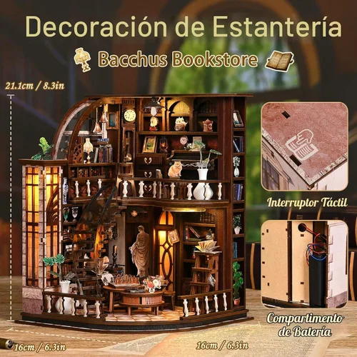 Vista 2 de Kit de casa en miniatura, rompecabezas de madera 3D para adultos, kit de rincón de libro con luz LED táctil, inserto de estantería de biblioteca