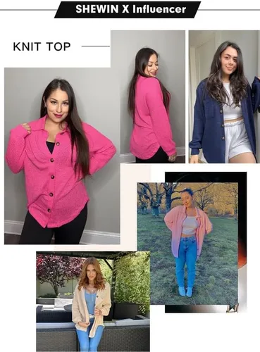 Vista 5 de SHEWIN Women's Waffle Knit Button Down Shirts Casual Long Sleeve Shacket Jacket Boyfriend Tops Blouses Loose Fit