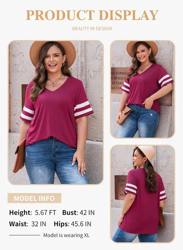 Vista 113 de Eytino Blusas de talla grande para mujer, cuello en V, manga corta, a rayas, casual, holgada, con bolsillo (1X-5X)