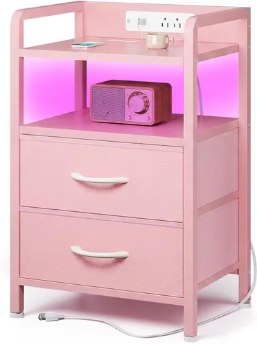 Vista 12 de Lazzanto Mesita de noche para dormitorio, mesita de noche con estación de carga y tira de luz LED, mesita de noche con estante de almacenamiento y 2