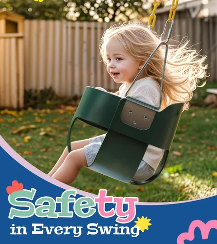 Vista 2 de little dove Cubo completo de respaldo alto, columpio para niños pequeños con cadenas revestidas y protección triangular de inmersión para mayor Verde
