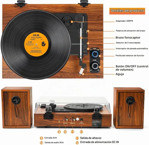 Vista 7 de Tocadiscos de vinilo con altavoces externos, tocadiscos estéreo vintage de 3 velocidades para discos de vinilo, entrada Bluetooth, parada automática